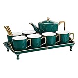 IJNBHU Keramik Kaffee Tee Set Nordic Drawing Gold Grüne Kaffeekanne Tasse Milchkännchen Zuckerdose Tablett Set Home Afternoon Tea Set