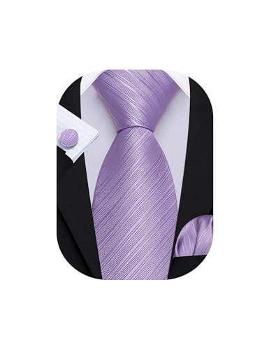Image of Barry.Wang Solid Striped Tie for Men Silk Necktie Pocket Square Cufflinks Formal Wedding Party Business