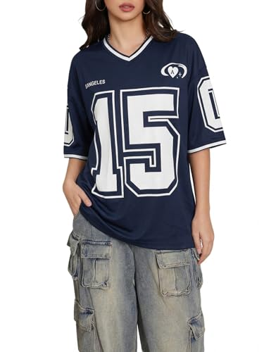 Image of SOLY HUX Jersey Shirts for Women Number Graphic Print V Neck Baggy Tees Hip Hop Streetwear