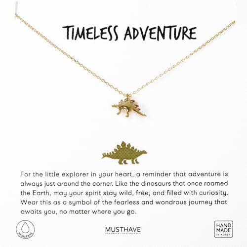 Stegosaurus Dinosaur Necklace MUSTHAVE 18K Gold Plated Dainty Jurassic Pendant Jewelry Unique Gift for Women Minimalist Layering Chain Cute 3D Dinasour Necklace Message Card 16+2 inch (Yellow Gold)