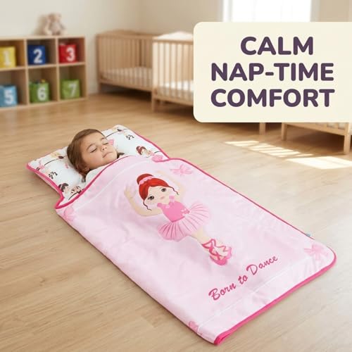 Image of EVERYDAY KIDS Toddler Nap Mat with Removable Pillow -Born to Dance Ballerina- Carry Handle with Straps Closure, Rollup Design, Soft Microfiber for Preschool, Daycare, Sleeping Bag - Ages 2-6 Years