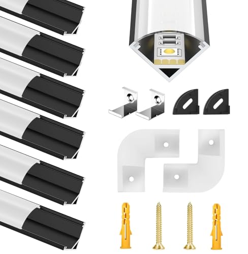 Led-aluminium kanaal, zwart, voor ledstrips, strips, strips, 6 x 1 m V-vorm, profiel met melkachtige witte afdekking, diffuser met 45 graden hoekverbindingen