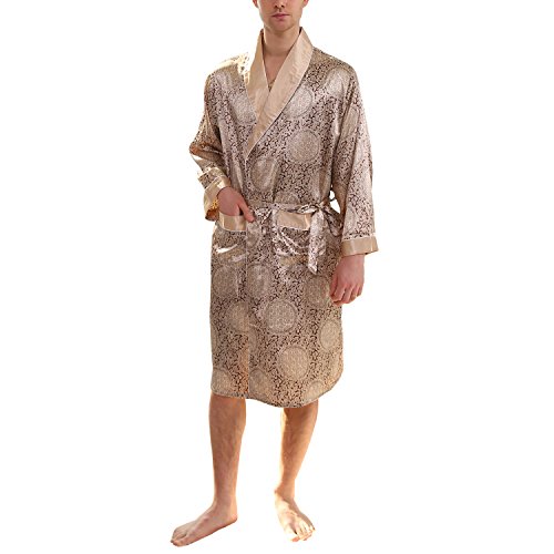 Men's Summer Luxurious Kimono Robe Soft Satin Bathrobe Long-Sleeve Nightgown Printed Pajamas Gold, Small/Medium3