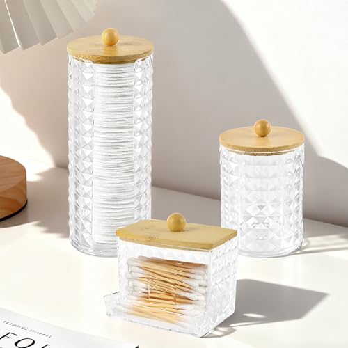 Hwtcjx 3 Stück Wattestäbchen Halter, Wattepad-Halter, Wattepads Aufbewahrung, Wattestäbchen Behälter mit Holzbezug, Wattepadspender, für Wohnzimmer, Schlafzimmer, Badezimmer 4