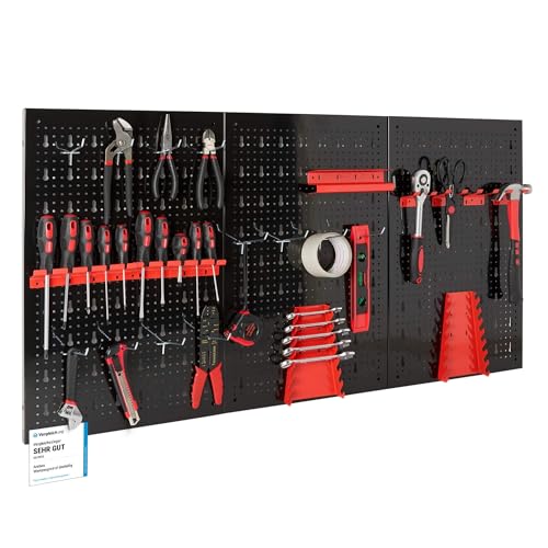Arebos Werkzeugwand 3-teilige Lochwand Werkstatt | 17-teiliges Hakenset & Halterungen | 117,6 x 59,5 x 2 cm | Werkzeuglochwand aus Metall für Werkstatteinrichtung inkl. Montagematerial | Rot