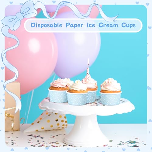 Image of Maxdot 60 Pcs 3 oz Paper Ice Cream Cup Disposable Dessert Western Cup Paper Yogurt Snack Bowl Bulk for Hot and Cold Food Ice Cream or Mousse for Birthday Valentine Party Supplies(Blue,Bow Knot)