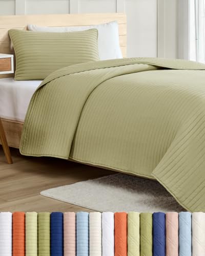 Quilt Set Twin Size - Boho Bed Set, Striped Stitch - Sage Green, 68" x 86"