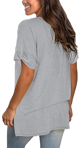 Image of Sampeel Women's V Neck T Shirts Casual Rolled Short Sleeve Side Split Summer Tops Loose Fit