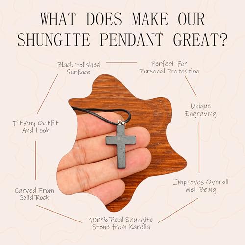 Shungite Crystal Cross Necklace - Black Healing Pendant with Leather Cord2