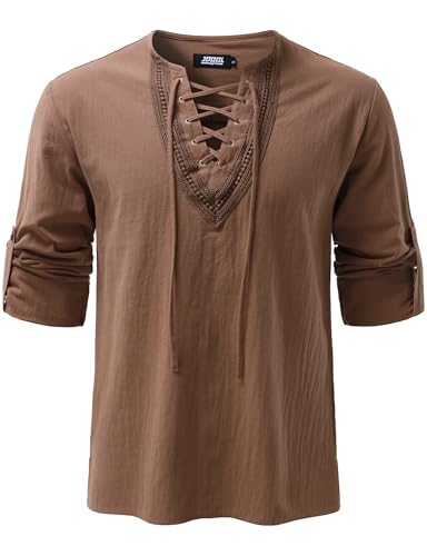 Image of JOGAL Mens Renaissance Shirt Medieval Pirate Viking Halloween Costume Gothic Steampunk Retro Long Sleeve Lace Up Shirts