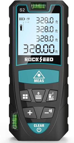 Image of Laser Measure,RockSeed Digital Laser Distance Meter with 2 Bubble Levels,Portable M/in/Ft Unit Switching Backlit LCD and Measuring Distance/Area/Volume/Pythagorean (Red Laser 328FT)