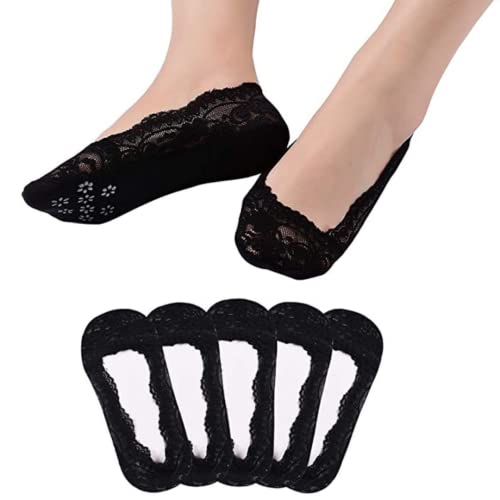 Cafurty 5 Pairs Lace No Show Socks Women No Show Liner Socks Low Cut Casual Socks Non Slip(Black,5-7 Inches, Small Size)