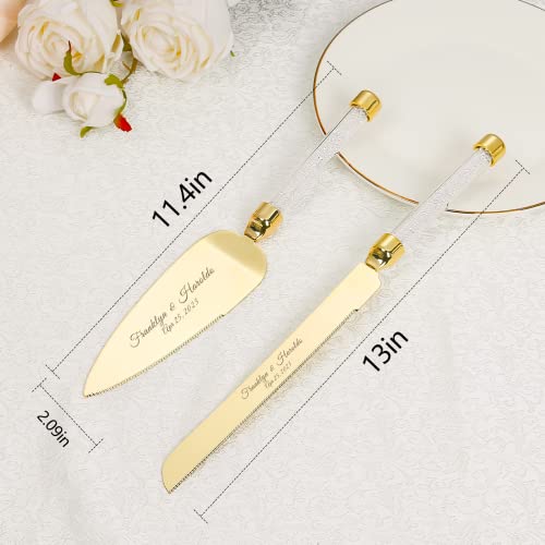 Personalized Wedding Cake Knife And Server Set, Engraved Crystal Cake Cutting Set, Elegant Cake Cutter Set, Pie Server Pizza Knife Gift For Bridal Couples Shower Quinceañera (White Crystal Gold) #TOP5