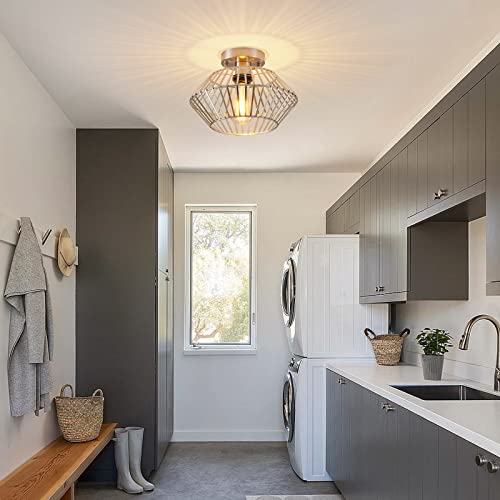Sglfarmty Industrial Semi Flush Mount Ceiling Light Brushed Nickel, Metal Ceiling Light Fixture, Hall Lights Ceiling Mount Lamp, Farmhouse Light Fixture For Hallway, Entryway, Bathroom, Bedroom #TOP4