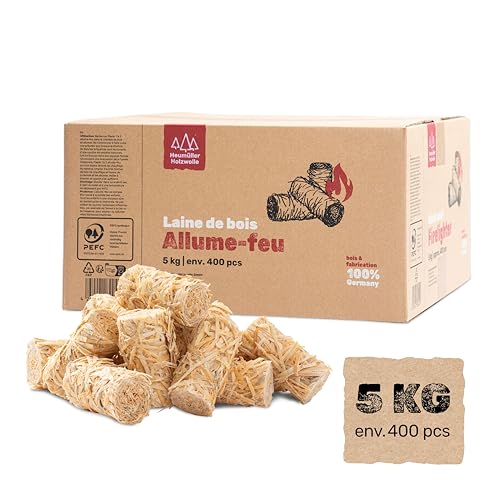 Heumüller Holzwolle 5 kg (environ 400 pièces) d'allume-feu en laine de bois - Allume-feu écologique en laine de bois et cire - Longue durée de combustion et sans odeur - Idéal pour cheminée, barbecue