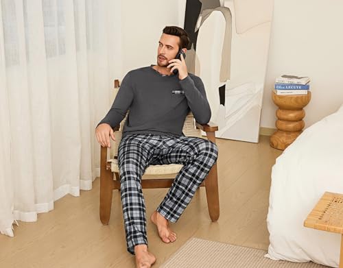 Leversic Piżama zimowa męska bawełniana piżama w kratę komplet bielizny nocnej z okrągłym dekoltem piżama z długim rękawem i długie spodnie do spania w kratę, Ciemnoszary, 4XL