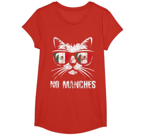Mexico Flag Funny Cat Vintage No Manches Mexican Saying T-Shirt, Girls, Red, X-Small