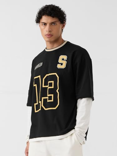 Image of The Souled Store Glow Men and Boys Round Neck Black Graphic Printed Cotton Oversized Full Sleeve T-Shirts