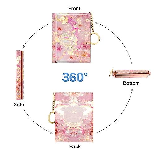 Image of Rouidr Womens Wallet, Small Slim RFID Card Wallets for Women, Cute Front Pocket Trifold Leather Card Organizer with 7 Slots & ID Window, Gold Pink Marble