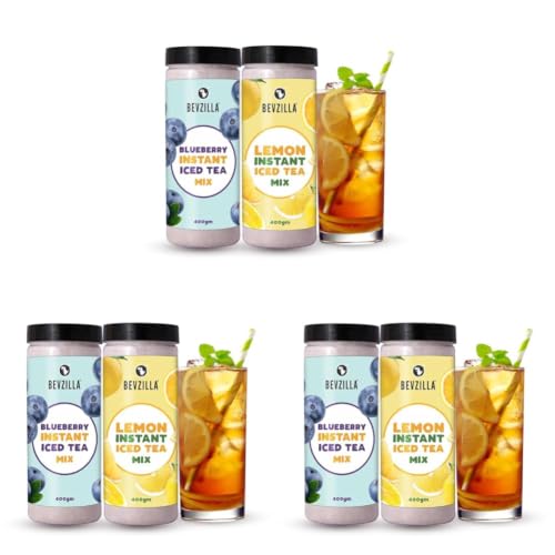 Image of Bevzilla Blueberry & Lemon Instant Ice Tea Powder - 400g x 2 | Cool & Refreshing | Instant Summer Iced Tea Drink (Pack of 3)