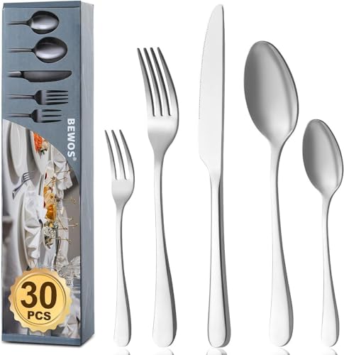 BEWOS Couverts de Table en Argent Mat pour 6, Couvert de 30 Pièces Comprenant Couteau, Fourchette, Cuillère, Acier Inoxydable, Set de Couverts utilisé dans Les maisons, Lavable au Lave-vaisselle