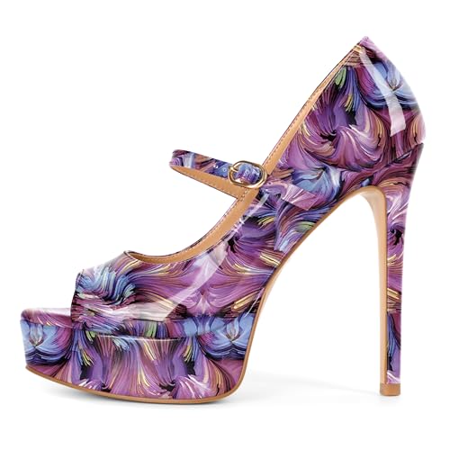 Image of SAMMITOP Women's Peep Toe High Heels Platform Stiletto Pumps Patent Mary Jane Heels 5.5 inch Party Wedding Dress Shoes