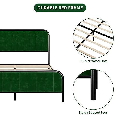 Senfot King Bed Frame Modern Heavy Duty Velvet Upholstered Platform With Dense Sponge Headboard No Box Spring Needed In Green And Black #TOP4