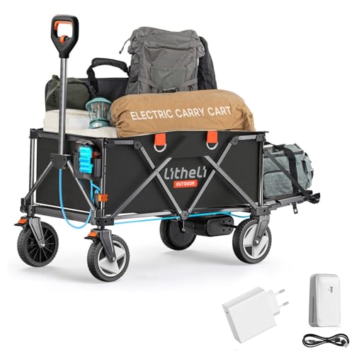 Litheli Carretilla eléctrica plegable, carro de mano plegable con frenos, 200 L, 60 kg, carro plegable adecuado para camping, jardín, compras (negro, 1 batería + cargador)