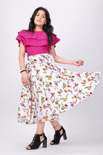 Image of Aarya Girl's Ruffle Neck Printed Midi Length Dresses