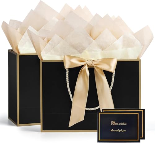 Image of JMANNI Gift Bags with Handles, 13 inch Medium Gift Bag for Presents, 2 Pcs Bags with 4 Tissue Paper and 2 Cards for Baby Shower Wedding Bridal Shower Mother's Day Birthday Party(Black-gold)