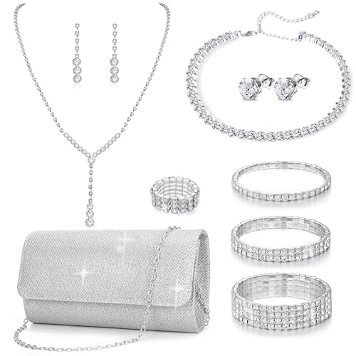 11 Pcs Silver Clutch Purse Crystal Jewelry Set for Women Shiny Rhinestone Jewelry Accessories for Evening Party Bride Wedding