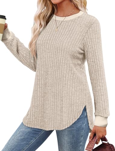 Saloogoe Sweaters for Women Long Sleeve Shirts Fall Outfits 2025 Tunic Tops Loose Fit Crewneck Color Block Ribbed Collar3