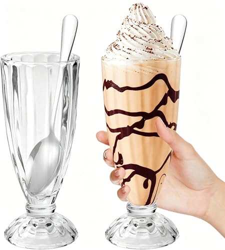 YBCCBY 2PCS Milkshake Glasses Ice Cream Sundae Glasses Reusable Dessert Glass Clear Dessert Cups with Footed Base Soda Fountain with 2 Spoons for Juice Ice Cream Soda (12.98oz / 380 ml Clear)
