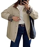 Tankaneo Womens Trench Coat Oversized Fall Barn Jacket Leather Collar Plaid Color Block Windproof Overcoat