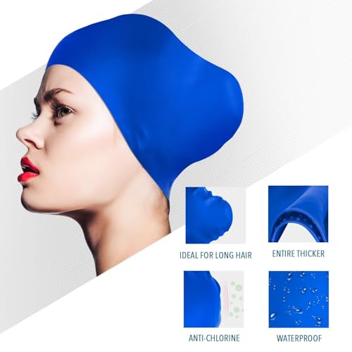 2 Pack Womens Silicone Swim Cap for Long Hair,3D Ergonomic Design Silicone Swimming Caps for Women Kids Men Adults Boys Girls with Ear Plug and Nose Clip(L) - Thumbnail 2