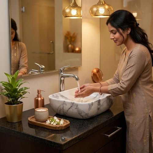 Image of Ceramic Tabletop Wash Basin - Glossy Rectangular Countertop Vessel Sink with Marble Finish for Bathroom & Vanity | Compact 18 x 13 x 5 Inch | Elegant Washbasin