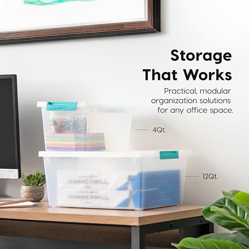 Image of IRIS USA 4 Qt. Craft Storage Bins with Lids, 6-Pack, |Made in USA|, Clip Box, Small Plastic Sensory Bin Tote Organizer Containers for Art Supplies, Paper, & Office, Stackable - Clear /Seafoam Blue