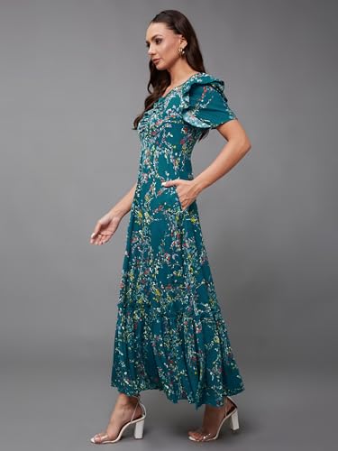 Image of Miss Chase Women Pleated V Neck Full Sleeves Relaxed Fit Midi Length Dress