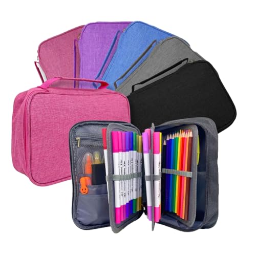 Estojo Escolar, Grande Capacidade, Box Jumbo Com Alça E Elastico Para 72 Canetas Ou Lápis, Feminino Masculino, Organizador Divisórias Zíper (Rosa)