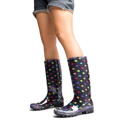 DREAM PAIRS Wasserdicht Regenstiefel Damen Bequem Regenschuhe Gummistiefel Wasserdicht Hohe Gartenschuhe,Size 38,Multispot,SDRB2407W-E