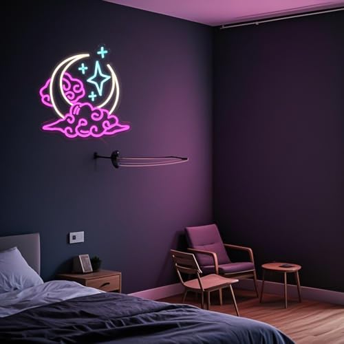 Image of Moon and Stars Neon Sign | Pink White Blue LED Wall Light, Dreamy Aesthetic Night Light for Girls Bedroom, Dorm, Nursery Decor, 13.4 inchx13.4 inch, USB Powered