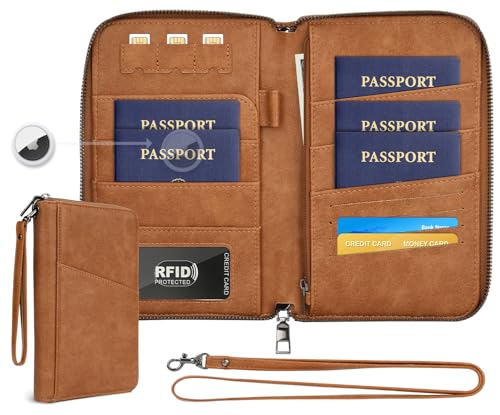 Family Passport Holder Wallet RFID Travel Document Organizer for Women Men, Portable Case Cover for Cards, Boarding Pass with Wrist/Neck Strap, Airtag Pocket, Travel Essentials Gifts -Light Brown, 1pc