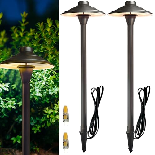 Solid Cast Brass Pathway Lights, 12V Low Voltage Landscape Lighting LED Path Lights with G4 Bulb for Outdoor Walkway, Garden, 23" Tall, 7.5" Shade Bronze-P01B 2-pack with Bulb