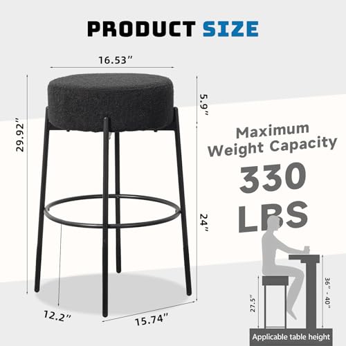 Bar Stools Set of 4,30" Counter Height Stools with Round Soft Padded Boucle Backless Seat and Black Metal Legs,Upholstered Barstools for Kitchen Island,Black