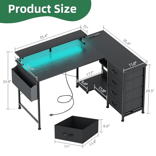 Image of VERMESS 47 inch Reversible L Shaped Gaming Computer Desk, Corner Desk with Power Outlets & Monitor Stand, Writing Study Table with 4 Storage Drawers, Desk with LED Lights, Black