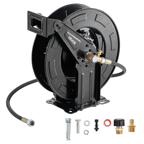 VEVOR Pressure Washer Hose Reel, 50 ft x 3/8 inch Retractable Power Heavy-Duty Steel Washer Hose Reel, 4000PSI Max, Auto-Rewinding, Flexible Wall/Floor Mounted for Car Washing,Garden,Floor Cleaning by VEVOR - Used condition - CA$133.29