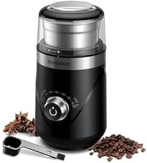 Coffee Grinder for Coffee, Spices, Pepper, Nuts, Pulses, Grains, Pills, Mixers, Small Fruits and Vegetables Electric with Removable Stainless Steel Cup Coarse to Fine Settings with Spoon Brush, Black