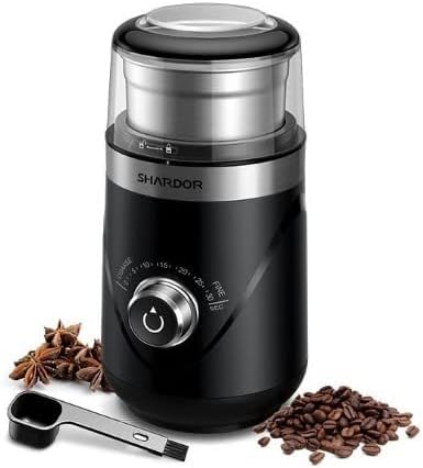Coffee Grinder for Coffee, Spices, Pepper, Nuts, Pulses, Grains, Pills, Mixers, Small Fruits and Vegetables Electric with Removable Stainless Steel Cup Coarse to Fine Settings with Spoon Brush, Black