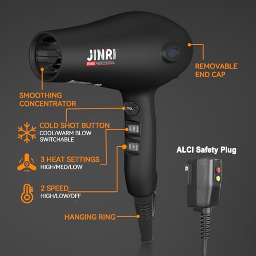 Blow Dryer - JINRI 1875W Diffuser Hair Dryer for Salon & Personal Use Powerful, Fast Drying with Diffuser and Comb & Nozzle for Women & Men, ALCI Safety Plug, Black - image 7