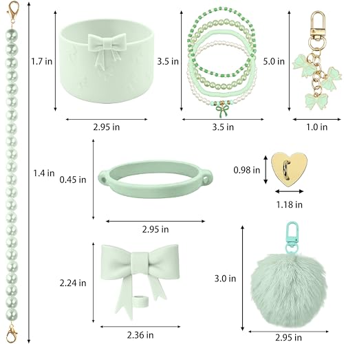Hpebl 11PCS Light Green of Stanley Cup Accessories 30/40 OZ Water Bottle Tumbler Accessories Set Pearl Bow Charms for Stanley Decorations Including Bow Straw Topper, Pom Pom Keychain, Tumbler Boot — view 3